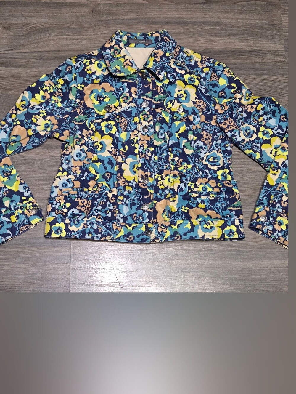 Liz Claiborne Floral Print Jean Jacket in Blue, Yellow & Cream Womens Petite M